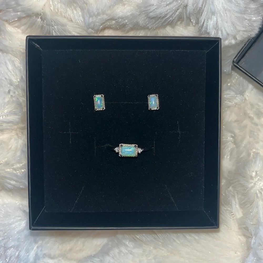🌟HP🌟New 925 Sterling Silver Jewelry Set Natural Opal Ring & Earrings size7 - Picture 6 of 15